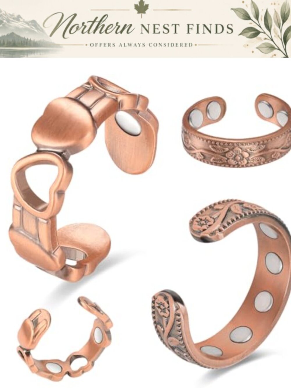 2PCS Pure Copper Magnetic Rings for Women Adjustable Open Circle